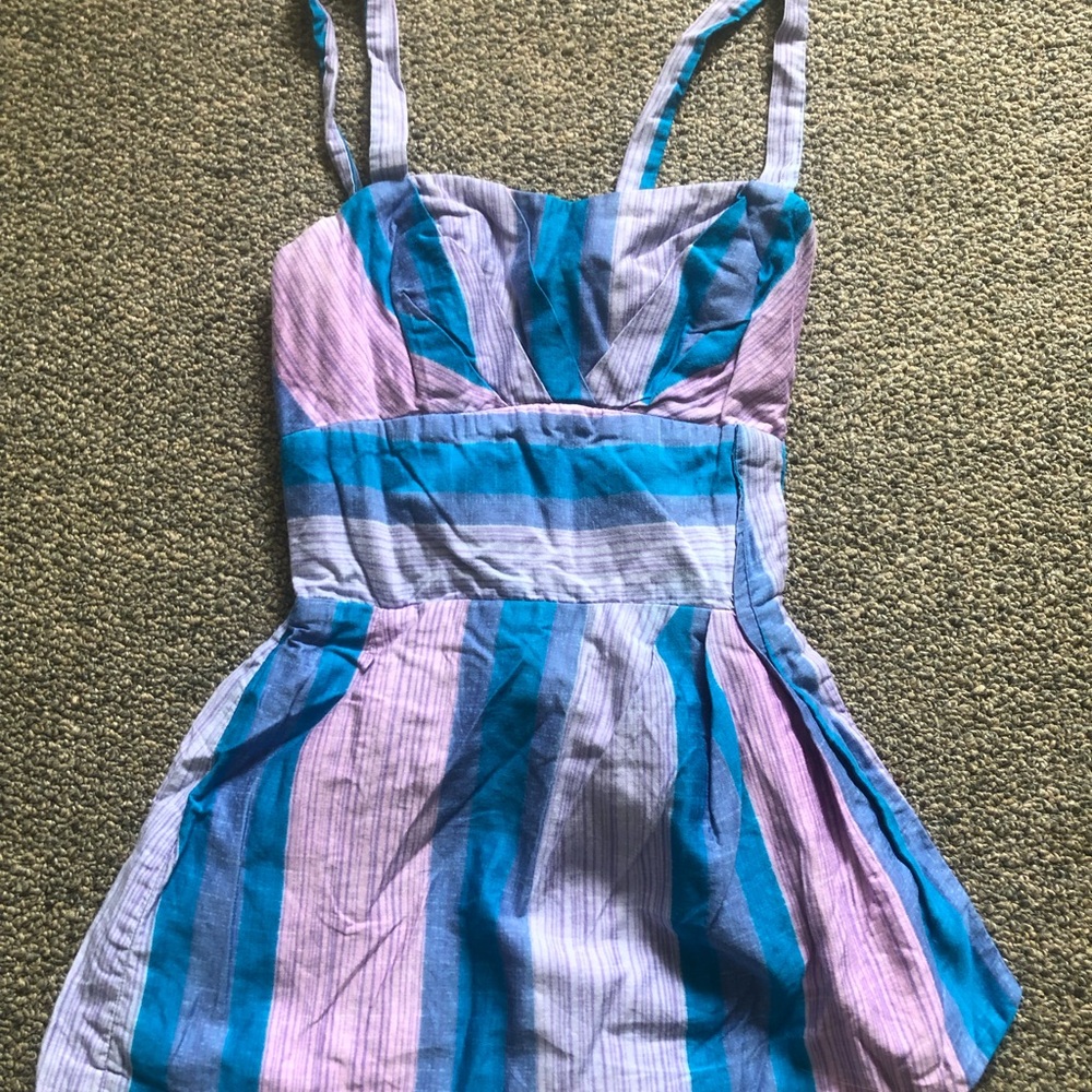 Vintage Hawaii Liberty House Romper in Lavender & Teal Stripes. Small